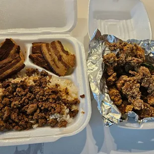 Stewed pork belly rice and popcorn chicken