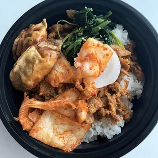 Spicy Pork Bulgogi rice bowl &amp; 2 Dumplings
