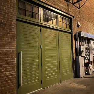 a green garage door