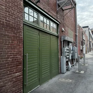 a green garage door