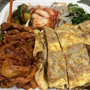 Spicy Pork &amp; Meat Jun Combo.. My Banchans are Kimchee Cucumber, Kimchee, Bean Sprouts &amp; Choi Sum