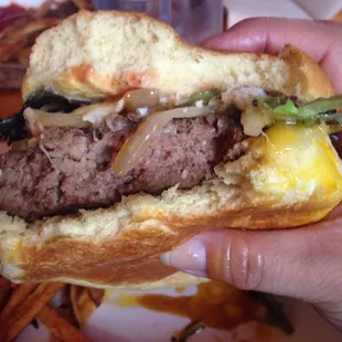 Burger with Swiss, grilled onions and an egg! So good!
