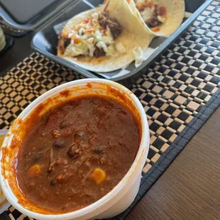 Brisket Chili and tacos