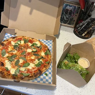 12 inch Margherita and a small Caesar salad (dressing on side). I love the switch to whole basil from shredded! Love it!