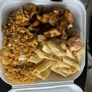 Bourbon chicken, shrimp fried rice, shrimp pasta