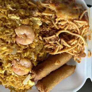 Shrimp fried rice, baked spaghetti, egg rolls