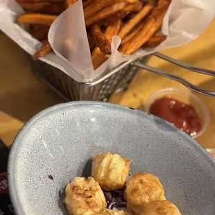 Shrimp shumai and sweet potato fries