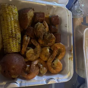 Shrimp boil with corn and potatoes and sausage
