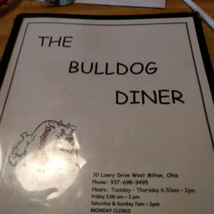 the menu for the bulldog diner