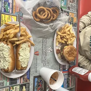 2 hotdog special (deep fried) which is better imo. With slaw chilli and mustard  /// Jumbo cheeseburger and Orion rings