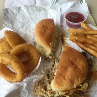 BBQ sandwich, fries and onion rings