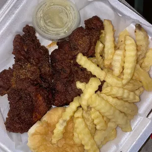 Daily special: Spicy chicken with fries, a biscuit and their homemade jalapeño ranch