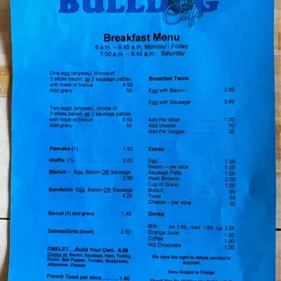 Updated Bulldog Cafe Menu as of 8-30-2022  Please let it be known that the prices are subject to change