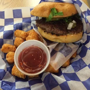 The bulldog burger, with tots.