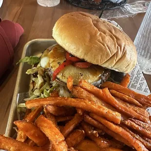 Hawaiian Burger and Sweet Potato Fries
