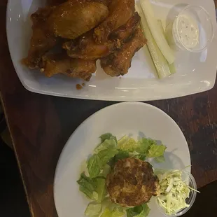 Honey Sriracha Lime wings and Crab Cake.