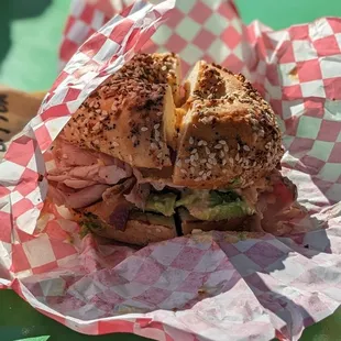 Turkey, bacon &amp; avocado on an everything bagel. Yum!