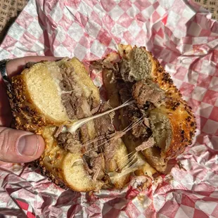 a hand holding a sandwich