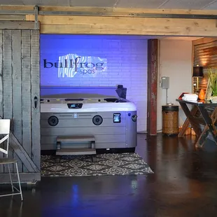 Bullfrog's A8L spa with audio and LED lighting features warmly welcomes guests for a test soak!