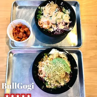 Top is the bulgogi bowl with spicy chicken on the side. The bottom is poke bowl