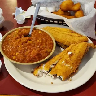 Fish and Brunswick stew with green beans and butter beans.