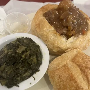 Stew beef bread bowl ! &amp; turnip greens!