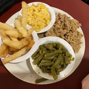 Daily special: Chopped pork BBQ with 3 sides - green beans, fries, Mac n cheese