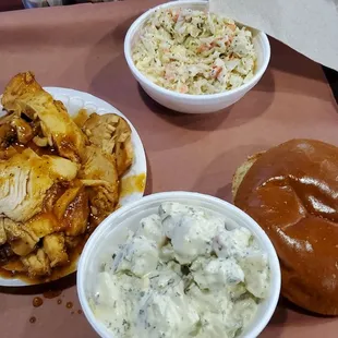 Chopped chicken plate with potato salad and coleslaw