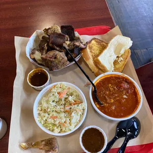 Rib tips, coke slaw, Brunswick stew