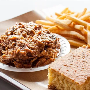 The Pulled Pork Plate. Comes with two sides and cornbread.