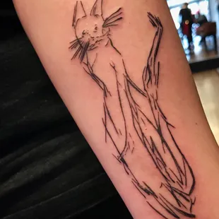 Tattoo I have of the cat that was etched/drawn into the bar of the Sunrise Inn, which is now BullsHorn.