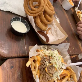 Pulled pork fries and onion rings