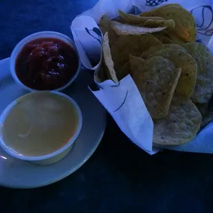 Chips, salsa, queso cheese dip $3.99