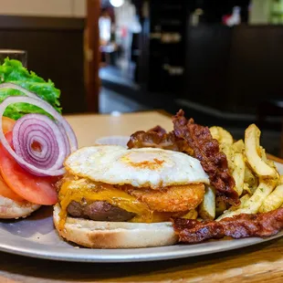 Breakfast burger $14.50 + $1 garlic fries