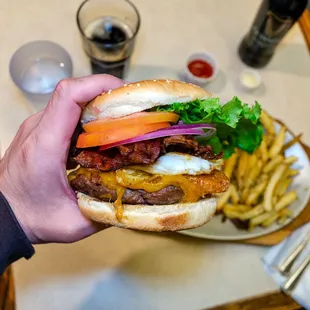 Breakfast burger $14.50 + $1 garlic fries