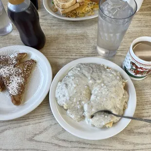 Food!!! French toast! Full order of biscuits and gravy! Western Omelette!  So so good! Wish we had a place like this back home!
