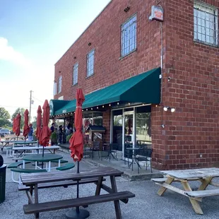 he outside of a brick building