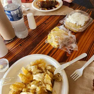 Plain baked potato, loaded baked potato, jalepeno cornbread and coconut cake.