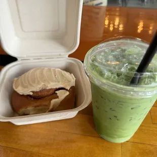 White mocha Matcha with macadamia milk, Cinnamon roll