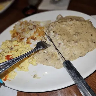 Country fried steak eggs and hashbrowns