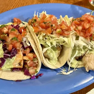 Tacos (salmon, shrimp, and mahi mahi)
