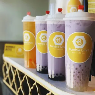 Pictured: Taro milk tea with popping lychee bubbles, taro milk tea with tapioca boba and mango mojito with rainbow jelly.