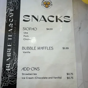 Snack menu