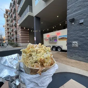Breakfast Burrito - beans, eggs, trashbrowns, cheese