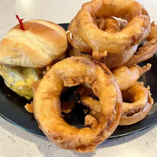 Burger &amp; onion rings