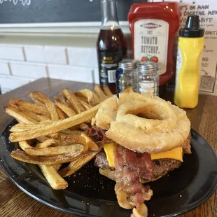 bacon, cheese, onion rings and ketchup