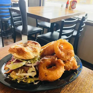 Huge burger and these onion rings!!!! Wow!