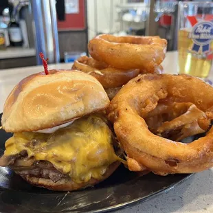 Burger &amp; onion rings