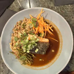 Wild caught PNW King salmon, wild rice, spicy broth, pickled sea beans, cucumbers, and carrots 12/10!!!