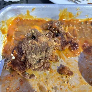 Boneless wings fried in old dirty oil.